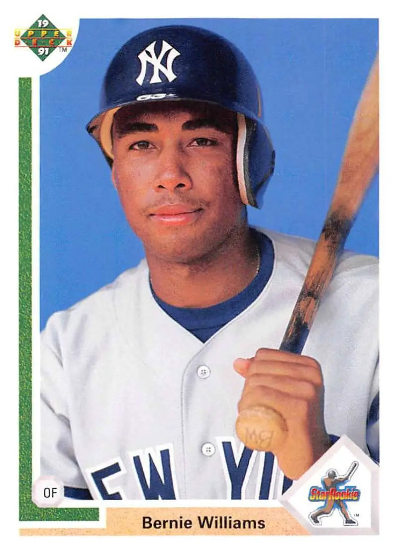 Baseball player in New York Yankees uniform with bat on 1991 Upper Deck Bernie Williams card