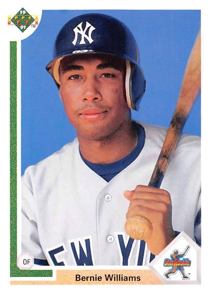 Baseball player in New York Yankees uniform with bat on 1991 Upper Deck Bernie Williams card