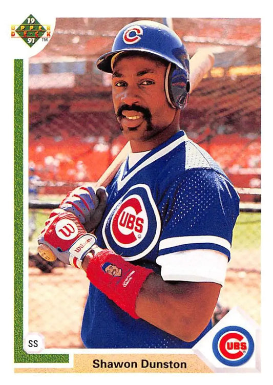 Shawon Dunston in Chicago Cubs uniform with bat on 1991 Upper Deck baseball card