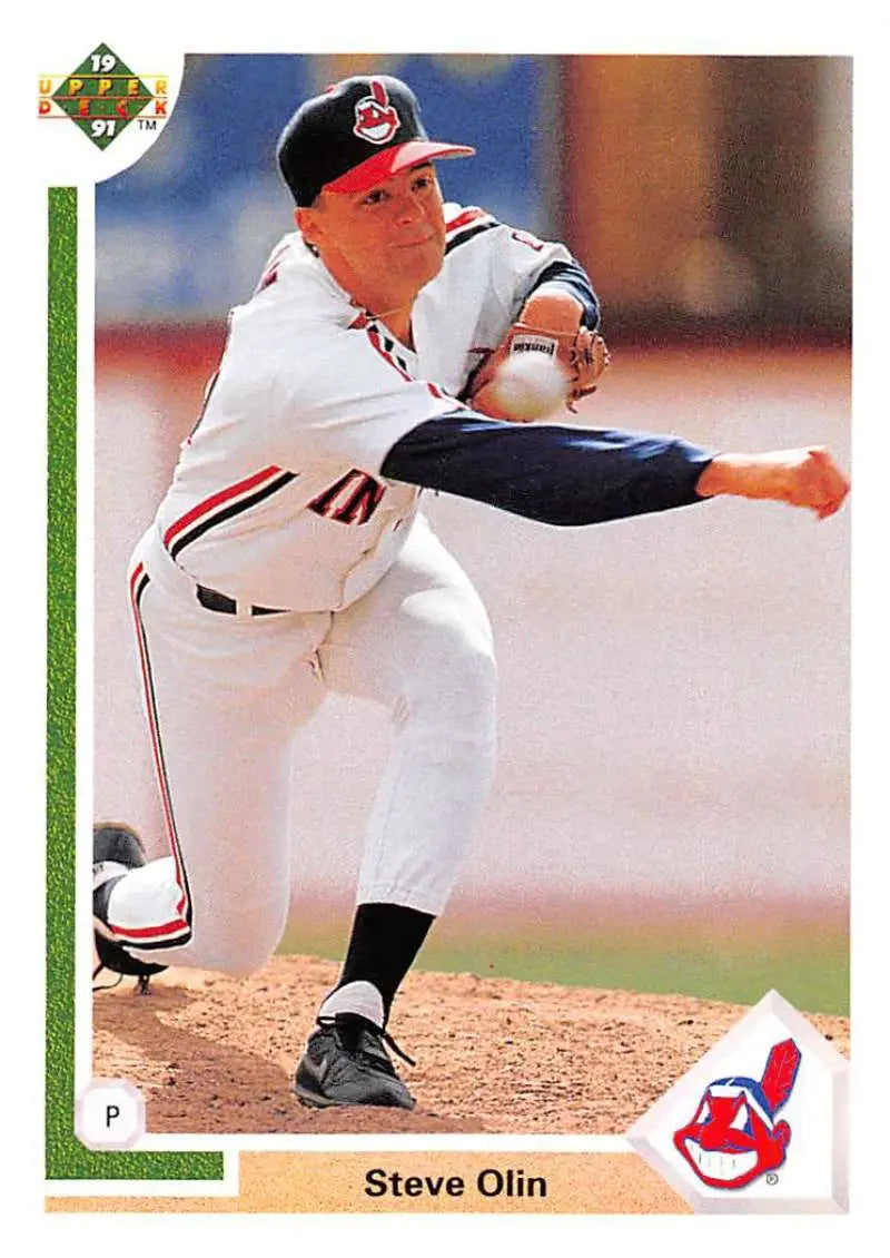 Steve Olin delivering a pitch in Cleveland Indians uniform on baseball card