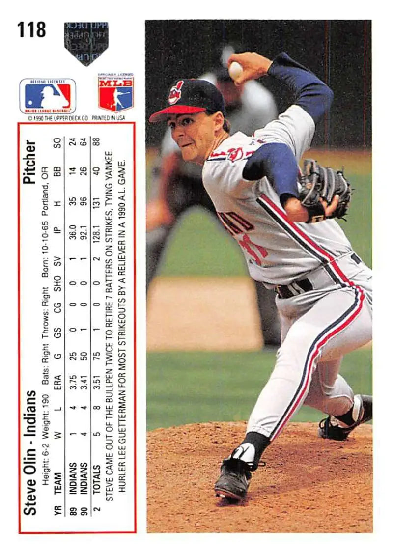 Baseball pitcher Steve Olin in Cleveland Indians uniform delivering a pitch