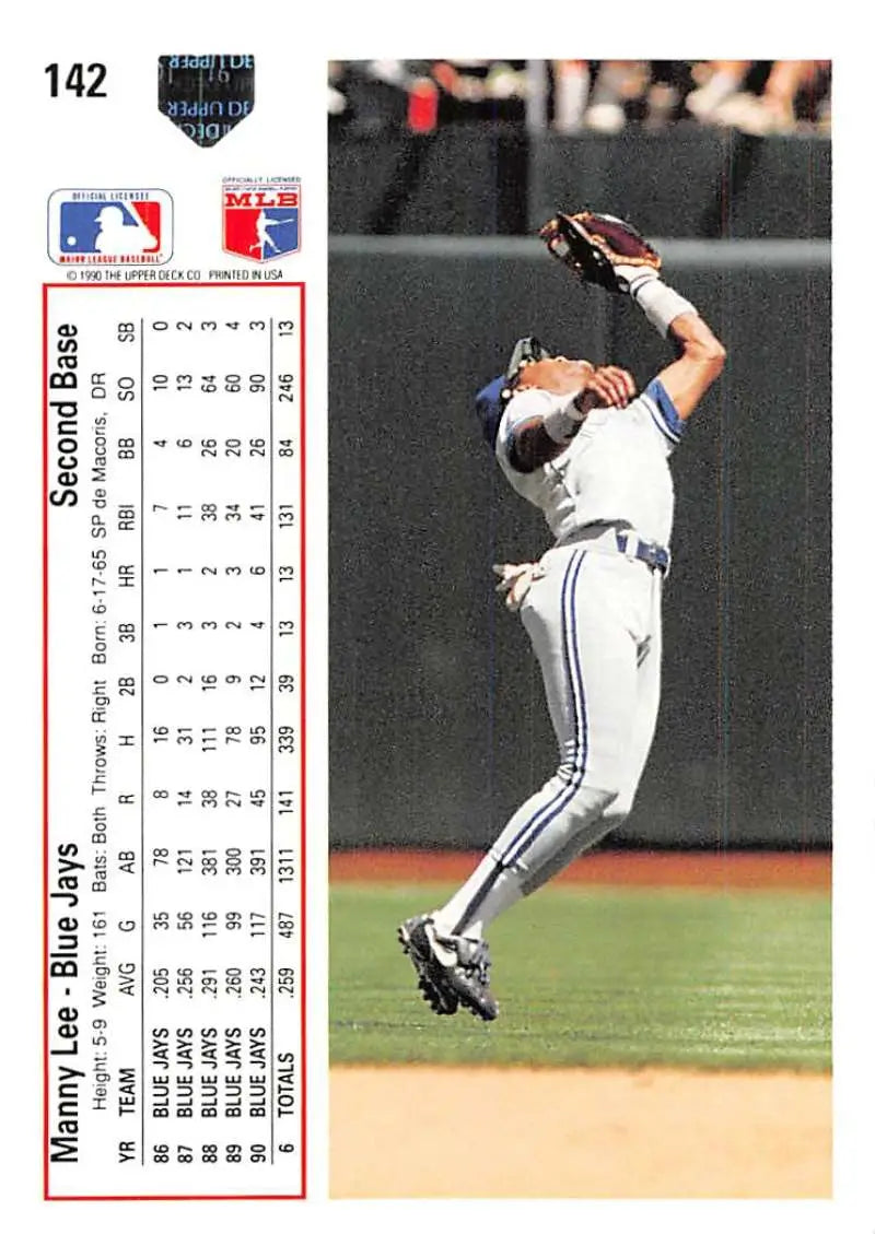 Baseball player in Toronto Blue Jays uniform leaping for a catch, Tim Raines Upper Deck card