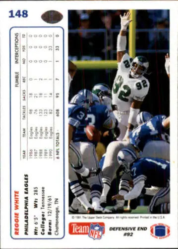 1991 Upper Deck #148 Reggie White NM-MT Eagles football card with original gloss