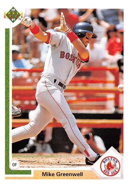 Baseball player in Boston Red Sox uniform swinging bat on 1991 Upper Deck Mike Greenwell card