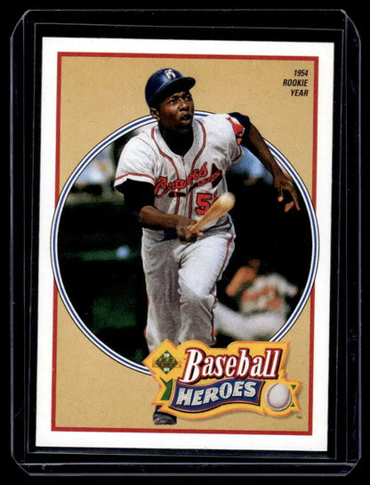 Baseball card of Hank Aaron in white Milwaukee Braves uniform by Upper Deck