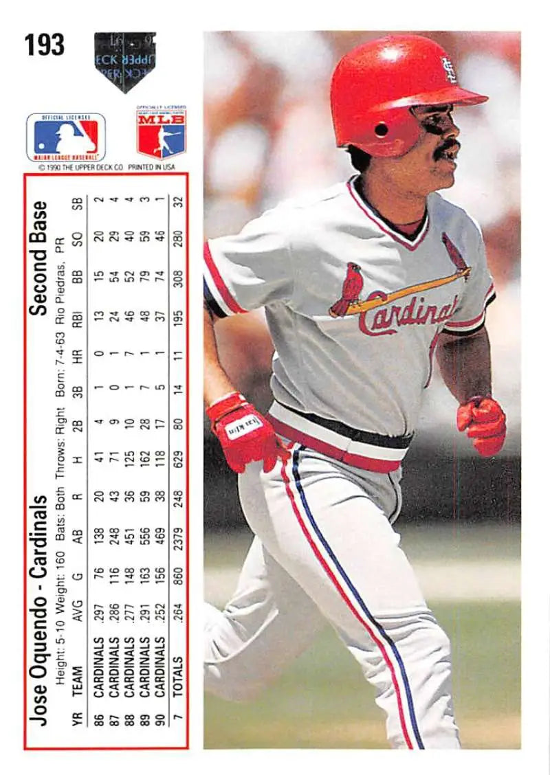 Baseball card of Jose Oquendo in white and red uniform running on the field for Upper Deck