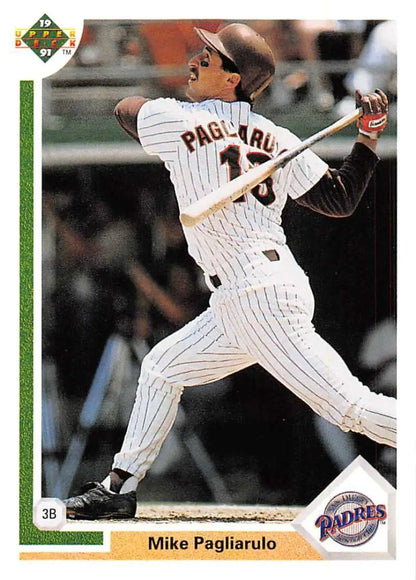 Baseball player in San Diego Padres uniform swinging bat on Upper Deck baseball card