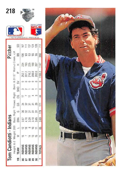 Tom Candiotti 1991 Upper Deck baseball card featuring a Cleveland Indians player