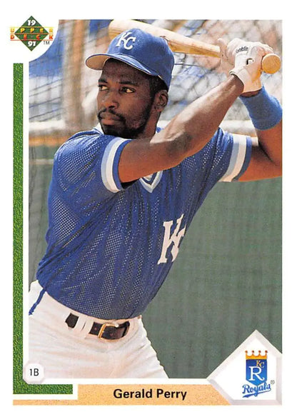 Baseball player Gerald Perry at bat in Kansas City Royals uniform for 1991 Upper Deck card