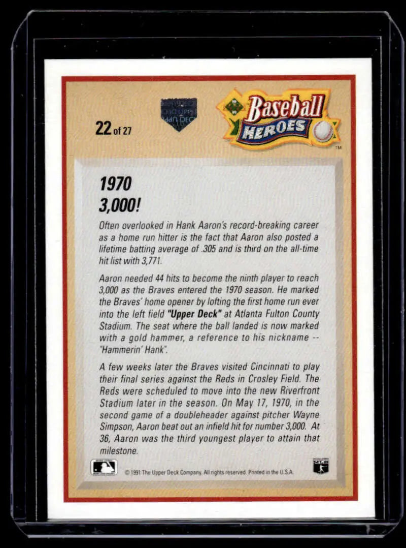 1991 Upper Deck #22 Hank Aaron card celebrating 3,000th hit milestone for Atlanta Braves