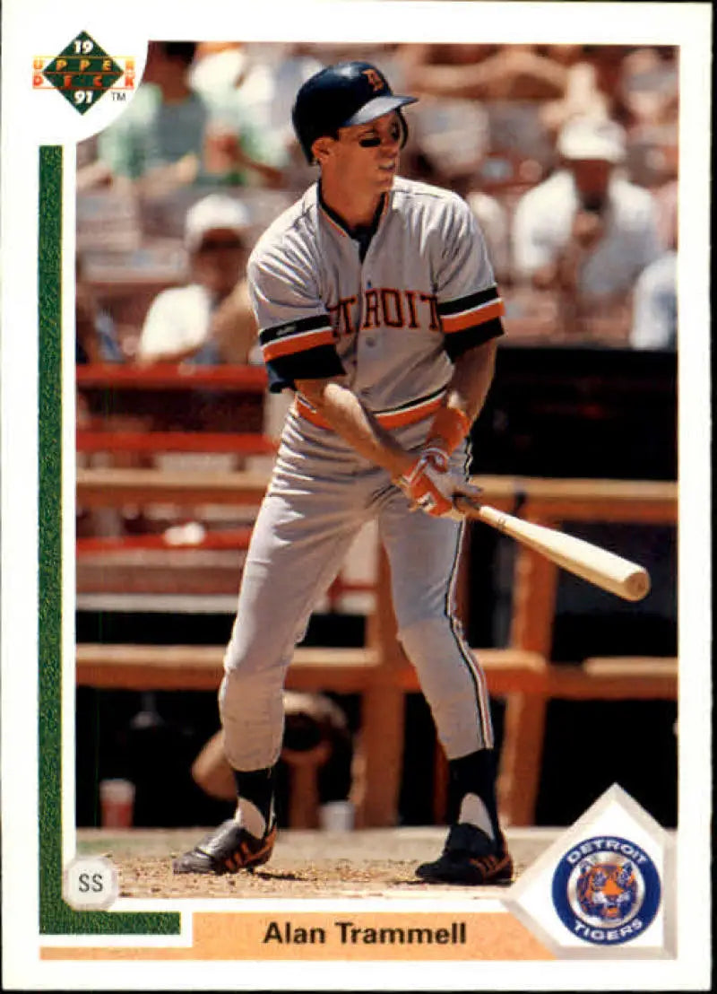 Baseball card of Alan Trammell in gray uniform for Detroit Tigers from Upper Deck