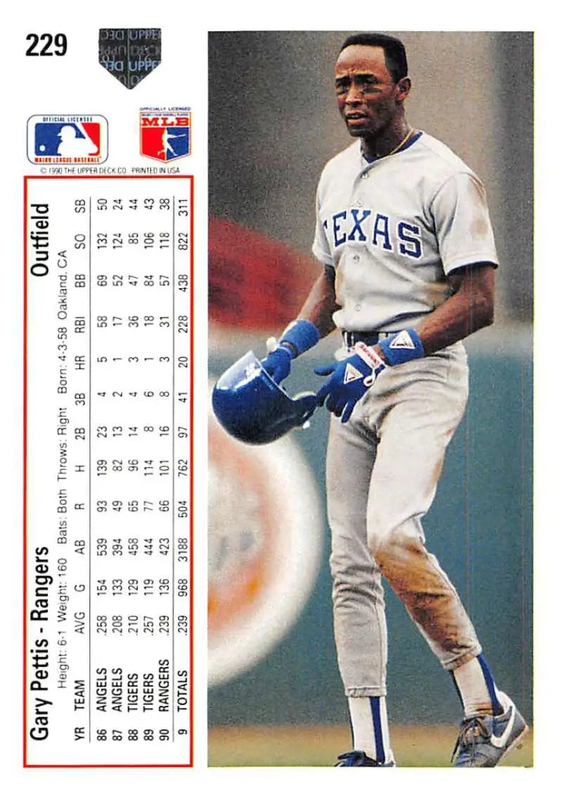 Baseball card of Gary Pettis in Texas Rangers uniform by Upper Deck