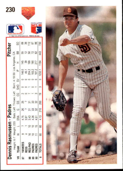 Baseball player Dennis Rasmussen pitching in San Diego Padres uniform on Upper Deck card