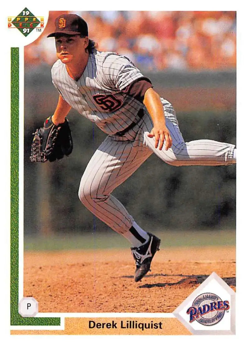 Baseball card of San Diego Padres pitcher Derek Lilliquist in pinstriped uniform delivery