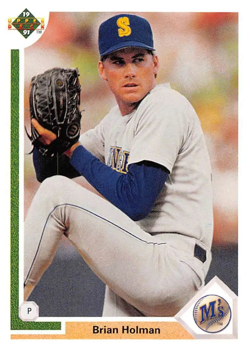 Baseball card of Brian Holman in windup for Seattle Mariners by Upper Deck