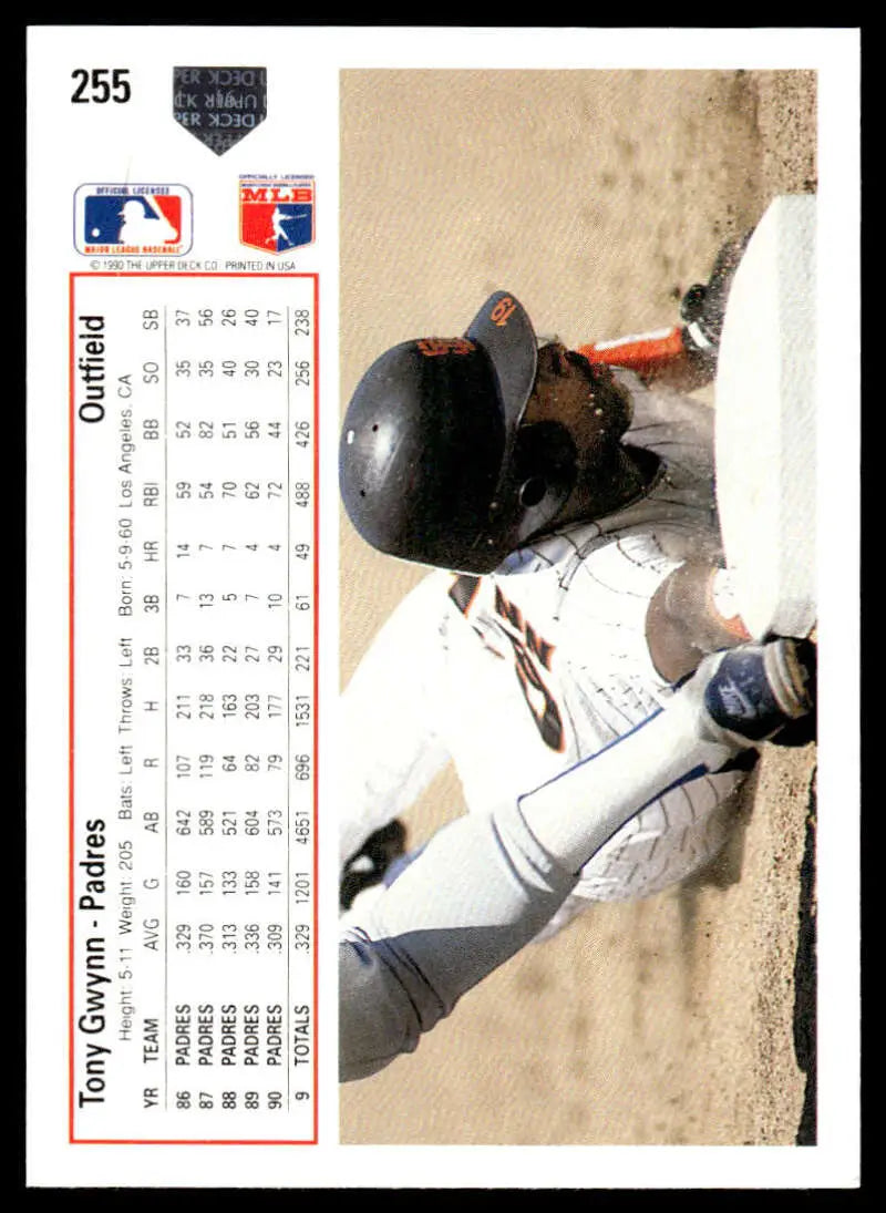 Baseball player sliding into base in San Diego Padres uniform on Tony Gwynn card