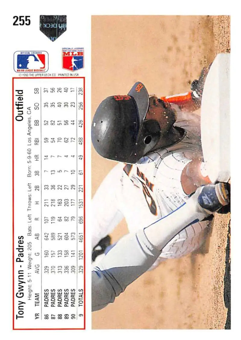 Baseball player sliding head-first into a base on 1991 Upper Deck Tony Gwynn card