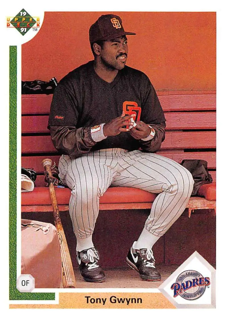 Baseball card of Tony Gwynn in pinstripe uniform on dugout bench from Upper Deck