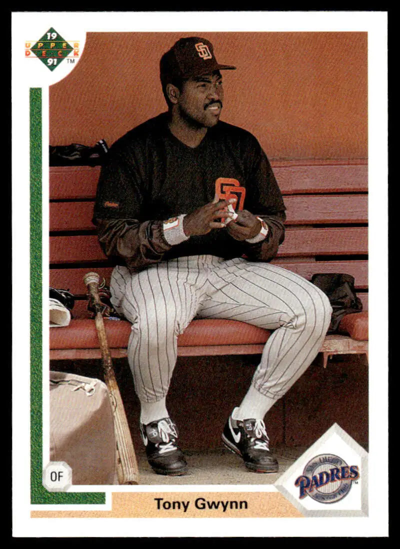 Tony Gwynn San Diego Padres baseball card featuring player in pinstriped uniform pants