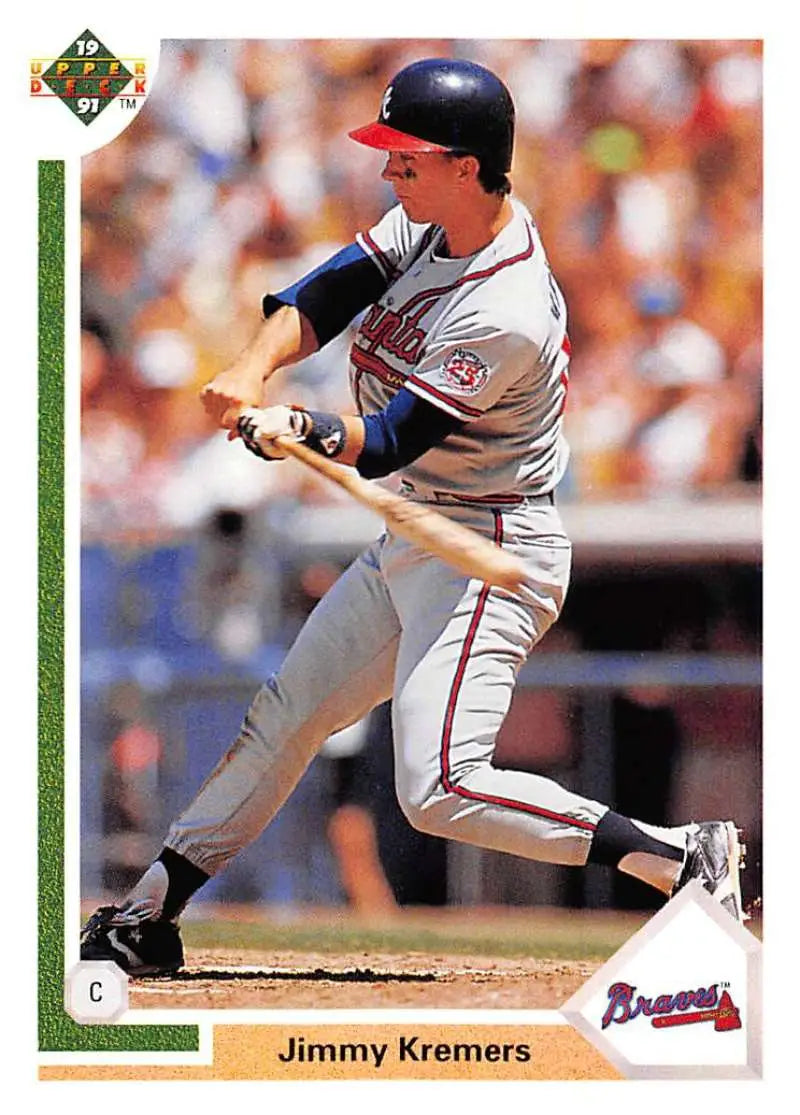 Atlanta Braves player Jimmy Kremers swinging bat on 1991 Upper Deck baseball card