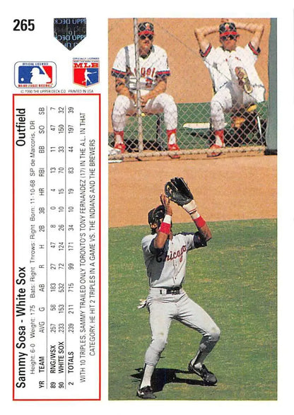 Sammy Sosa making an impressive catch on his 1991 Upper Deck White Sox baseball card