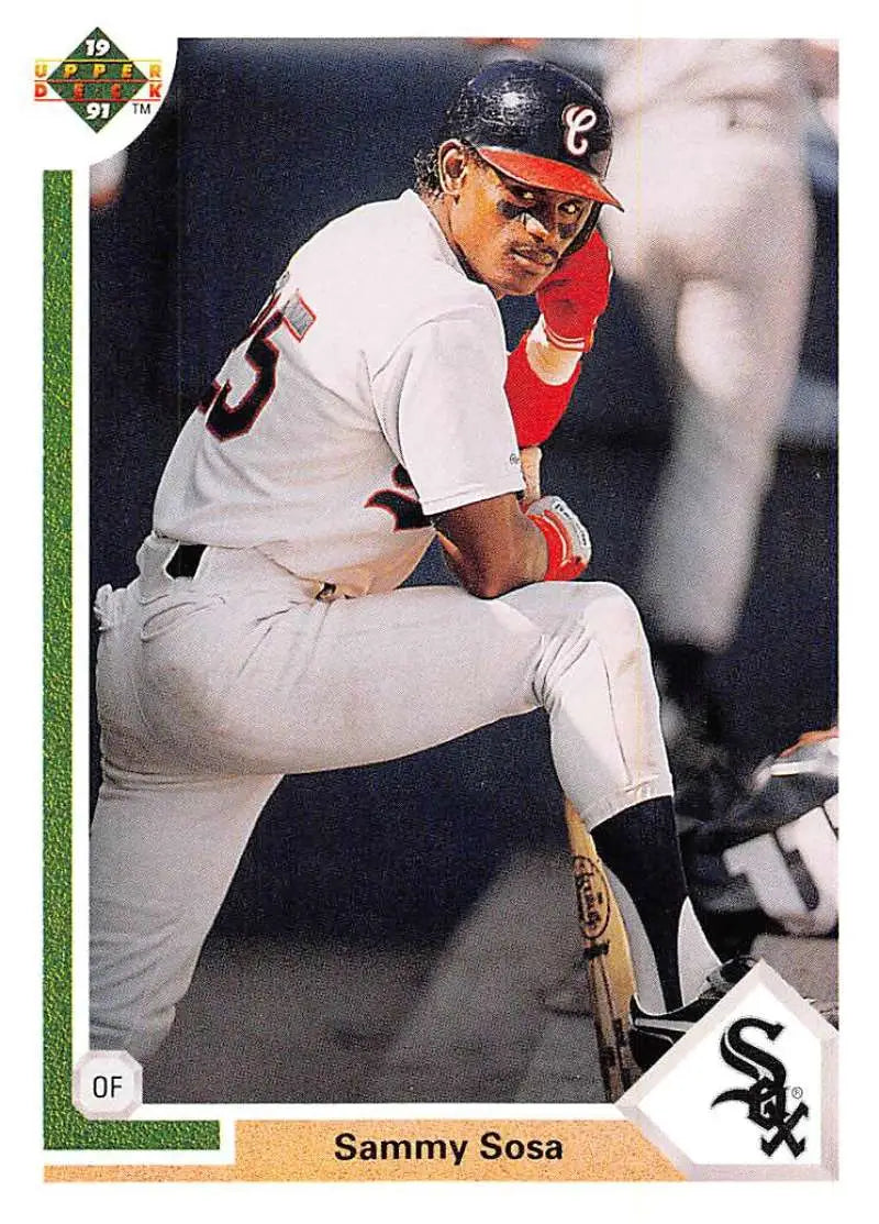 Sammy Sosa in Chicago White Sox uniform ready to swing on baseball card