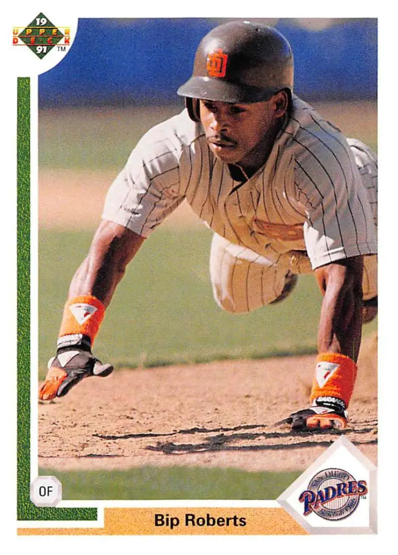 Baseball player sliding head-first in San Diego Padres uniform, Bip Roberts card