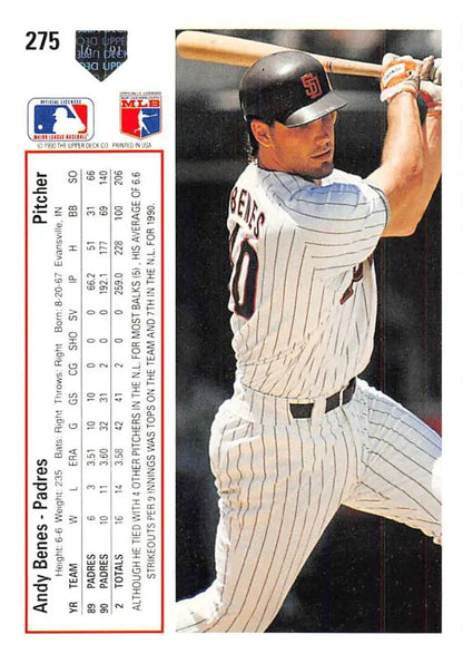 Andy Benes San Diego Padres baseball card in pinstriped uniform at bat