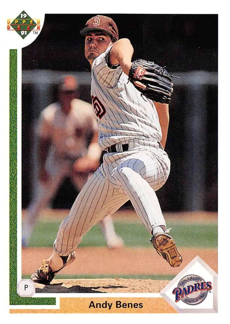 Andy Benes mid-pitching in San Diego Padres pinstripe uniform baseball card image