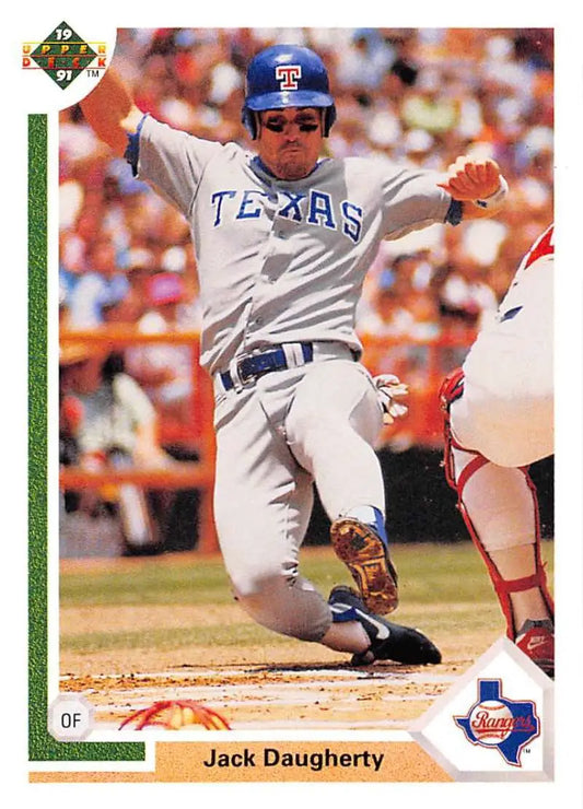 Jack Daugherty sliding into home plate on 1991 Upper Deck Texas Rangers baseball card