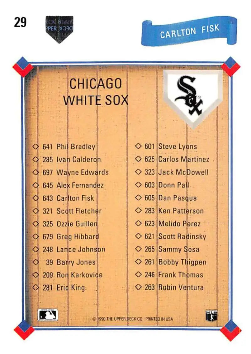 Baseball card roster checklist for Chicago White Sox featuring Carlton Fisk 1991 Upper Deck