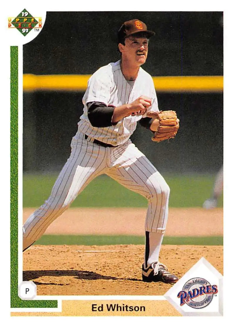 Baseball player in San Diego Padres uniform pitching on 1991 Upper Deck Ed Whitson card