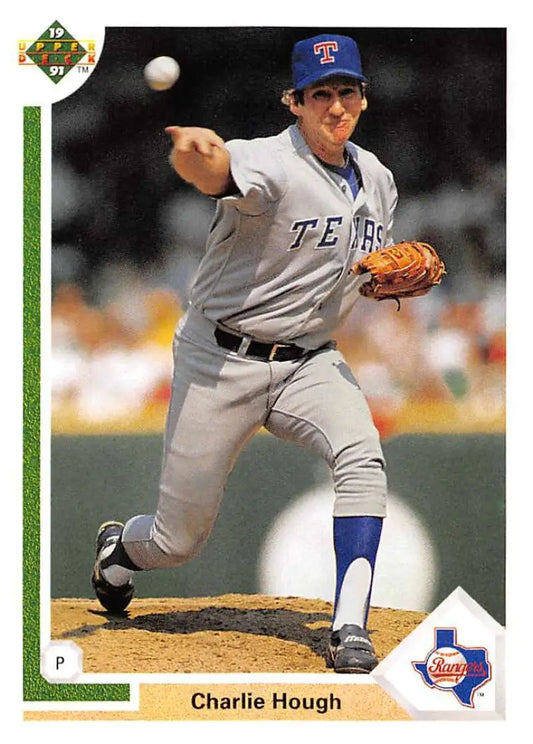 Charlie Hough in Texas Rangers uniform mid-pitch on 1991 baseball card