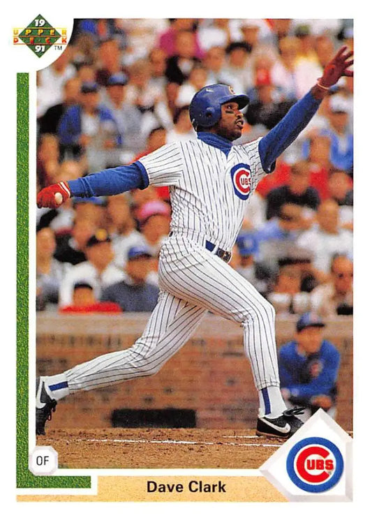 Baseball player in Chicago Cubs pinstripes swinging bat on 1991 Upper Deck card of Dave Clark