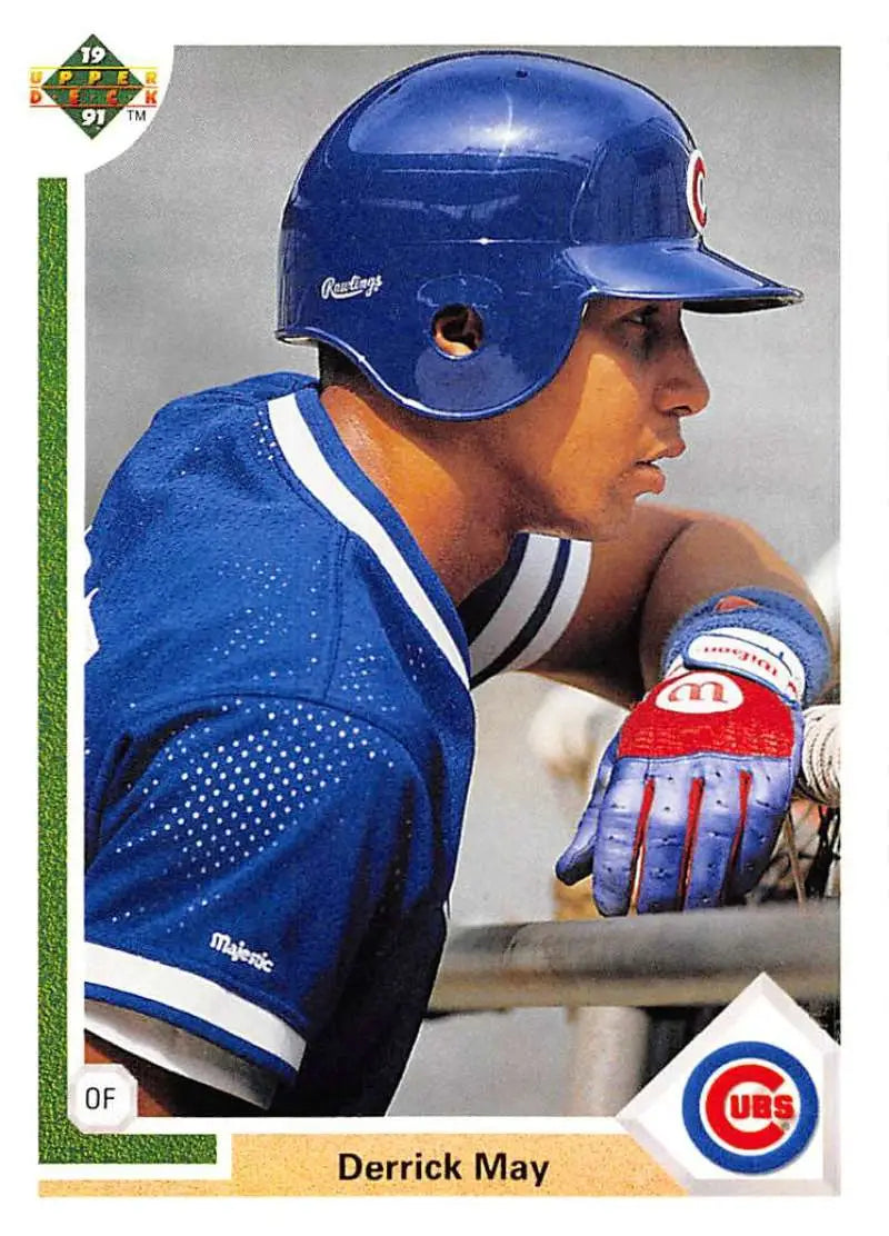 Baseball player in Cubs gear in dugout featured on 1991 Upper Deck baseball card