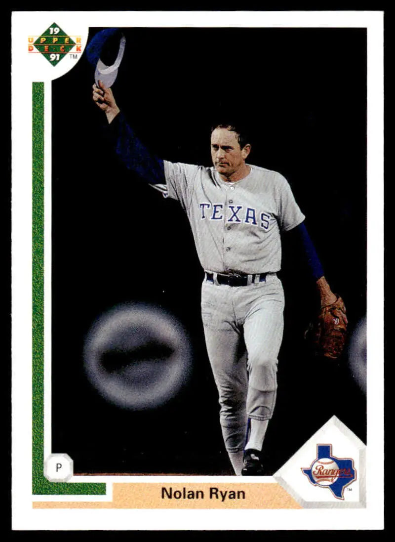 Nolan Ryan Texas Rangers Baseball Card in gray uniform celebrating a win