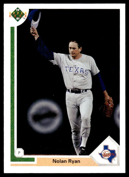 Nolan Ryan Texas Rangers Baseball Card in gray uniform celebrating a win