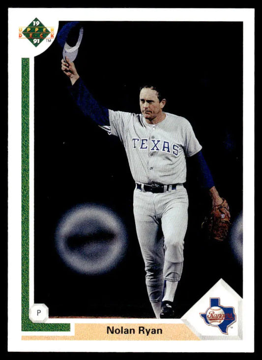 Nolan Ryan Texas Rangers baseball card showing player in overhead throwing motion