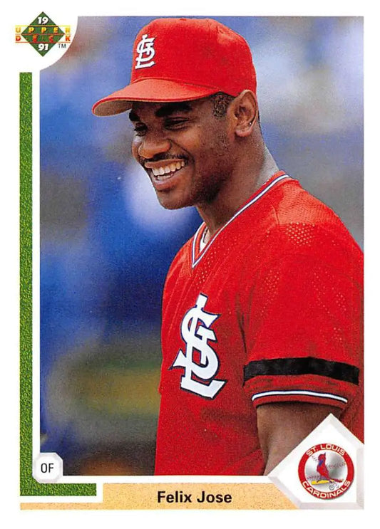 Felix Jose smiling in red St. Louis Cardinals uniform on an Upper Deck baseball card