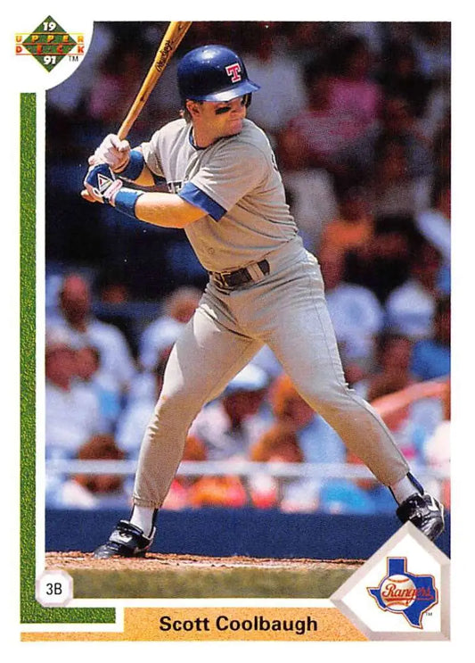 Baseball card of Scott Coolbaugh bat in gray uniform for Texas Rangers baseball