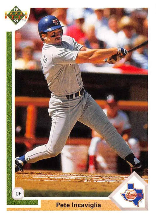 Pete Incaviglia swinging a bat for the Texas Rangers on his baseball card