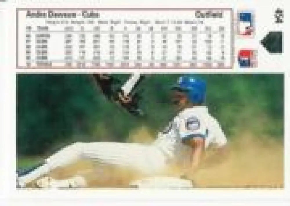 Andre Dawson sliding into base in white uniform, featured on Cubs baseball card