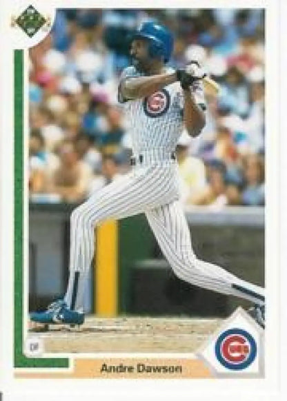 1991 Upper Deck Andre Dawson Chicago Cubs Baseball Card in white pinstriped uniform at bat