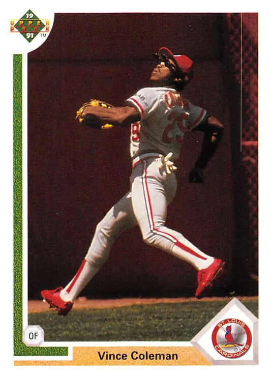 Vince Coleman in a white uniform catching a ball on a St. Louis Cardinals baseball card