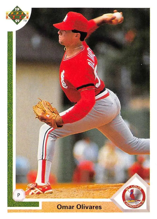 Omar Olivares pitching in a red uniform on his Upper Deck baseball card