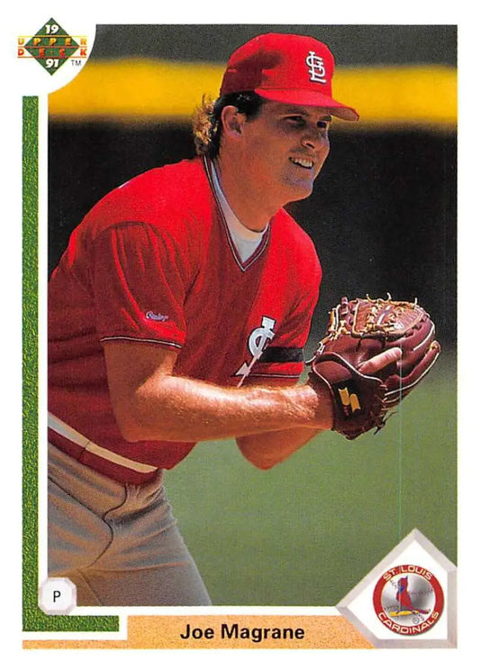 Joe Magrane St. Louis Cardinals pitcher baseball card in red uniform with glove