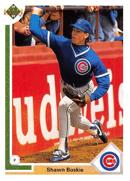 Chicago Cubs pitcher Shawn Boskie in blue uniform on 1991 Upper Deck baseball card