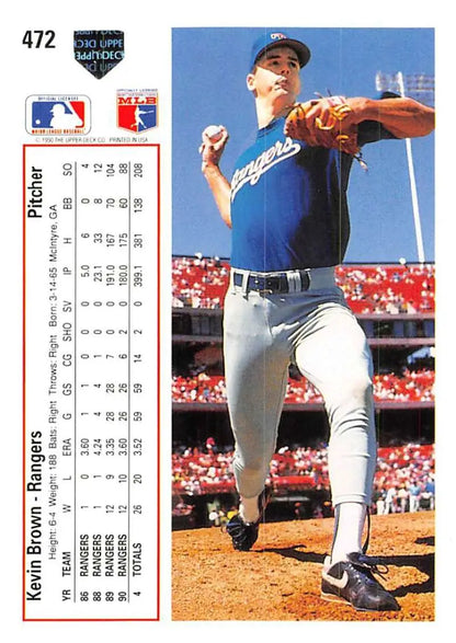 Kevin Brown Texas Rangers Baseball Card showing pitcher in blue uniform mid-throw