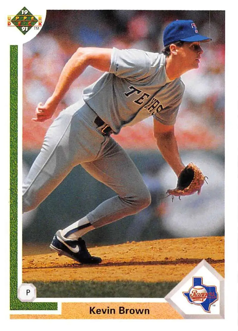 Kevin Brown pitching in Texas Rangers gray uniform on 1991 Upper Deck baseball card