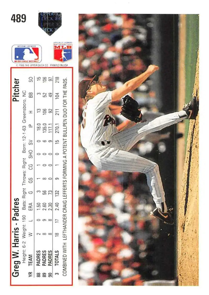 Baseball card featuring Greg Harris pitching for San Diego Padres in white uniform